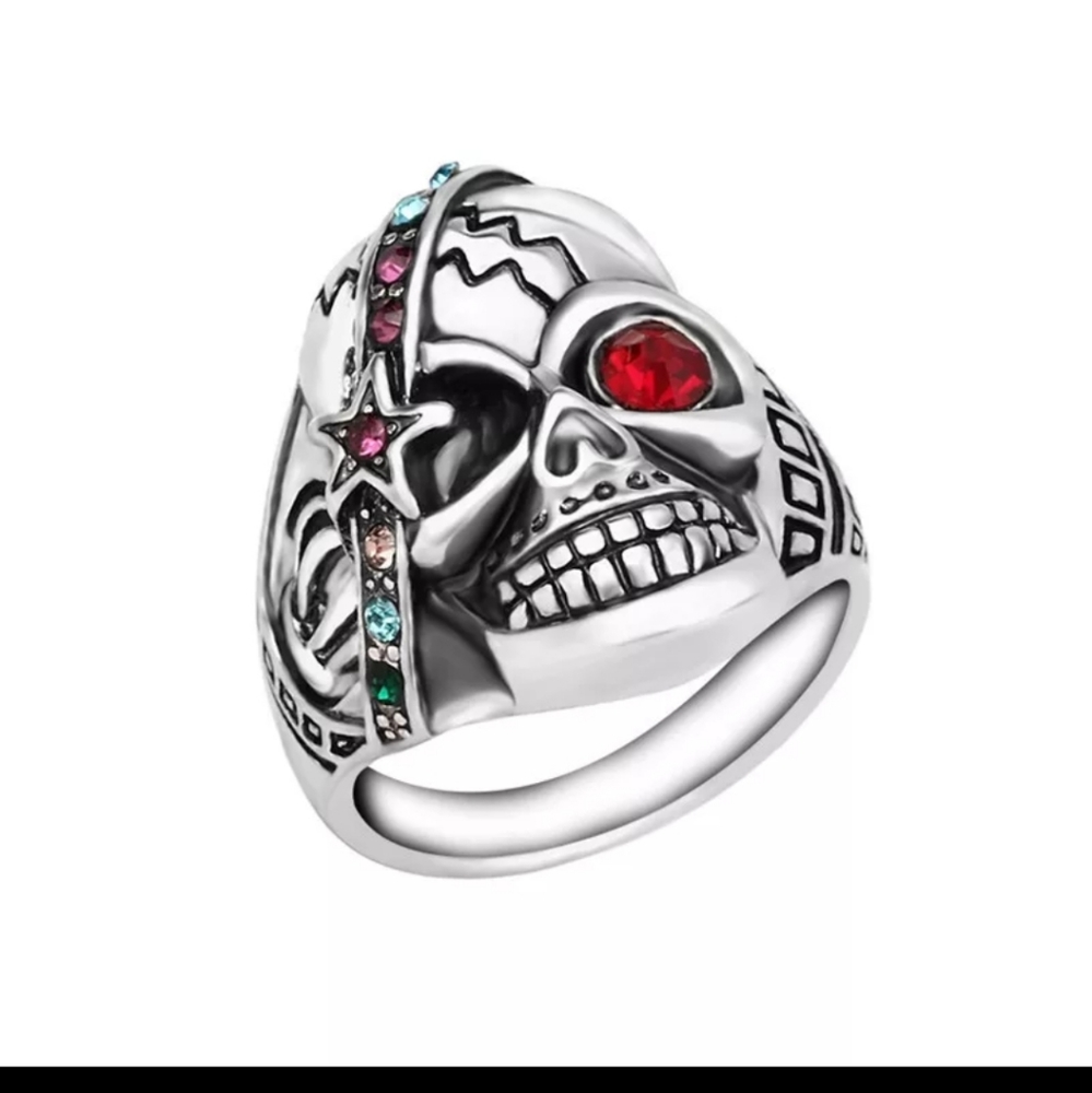 Skull Fashion Ring Crystal Accents Star Red Eye